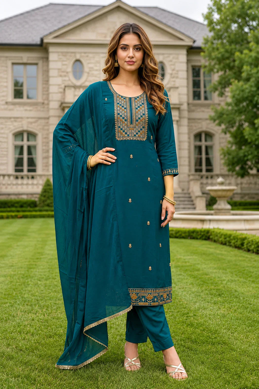 Maitry Teal Green Roman Silk Embroidered Kurta Set with Dupatta – Elegant Ethnic Fashion in USA