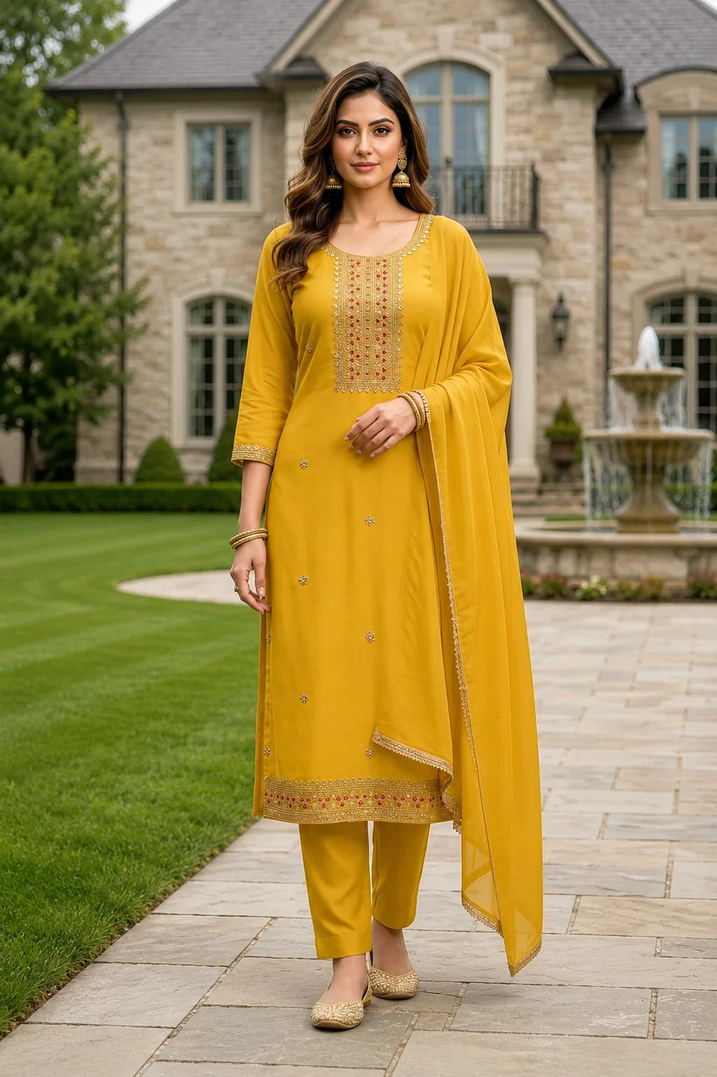 Maitry Mustard Yellow Roman Silk Embroidered Kurta Set with Dupatta
