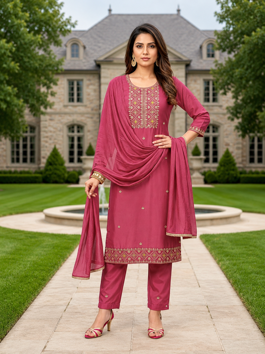 Maitry Rose Pink Roman Silk Embroidered Kurta Set with Dupatta – Elegant Ethnic Fashion in USA at Swaraksha Fashions