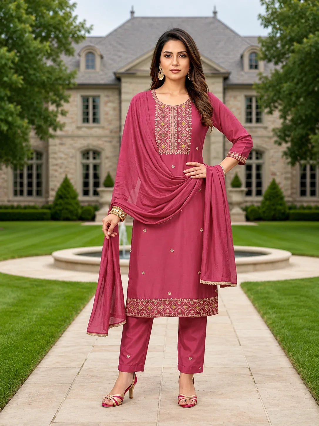 Maitry Rose Pink Roman Silk Embroidered Kurta Set with Dupatta
