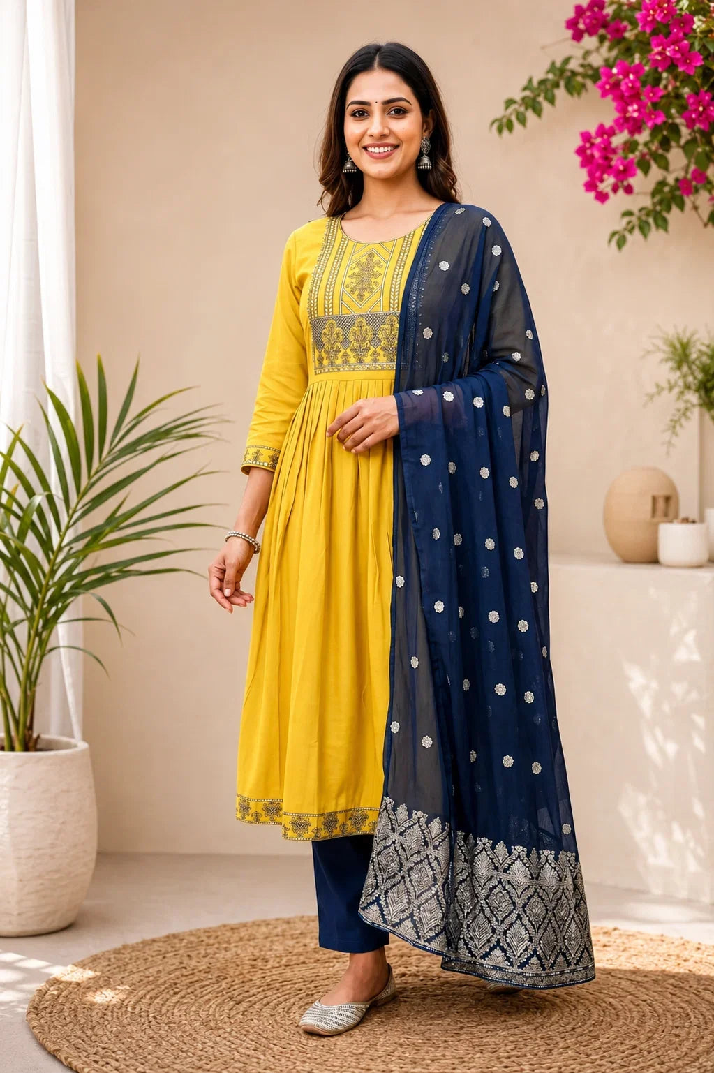 Riya Mustard Yellow Roman Silk Embroidered Anarkali Kurta Set with Navy Blue Dupatta