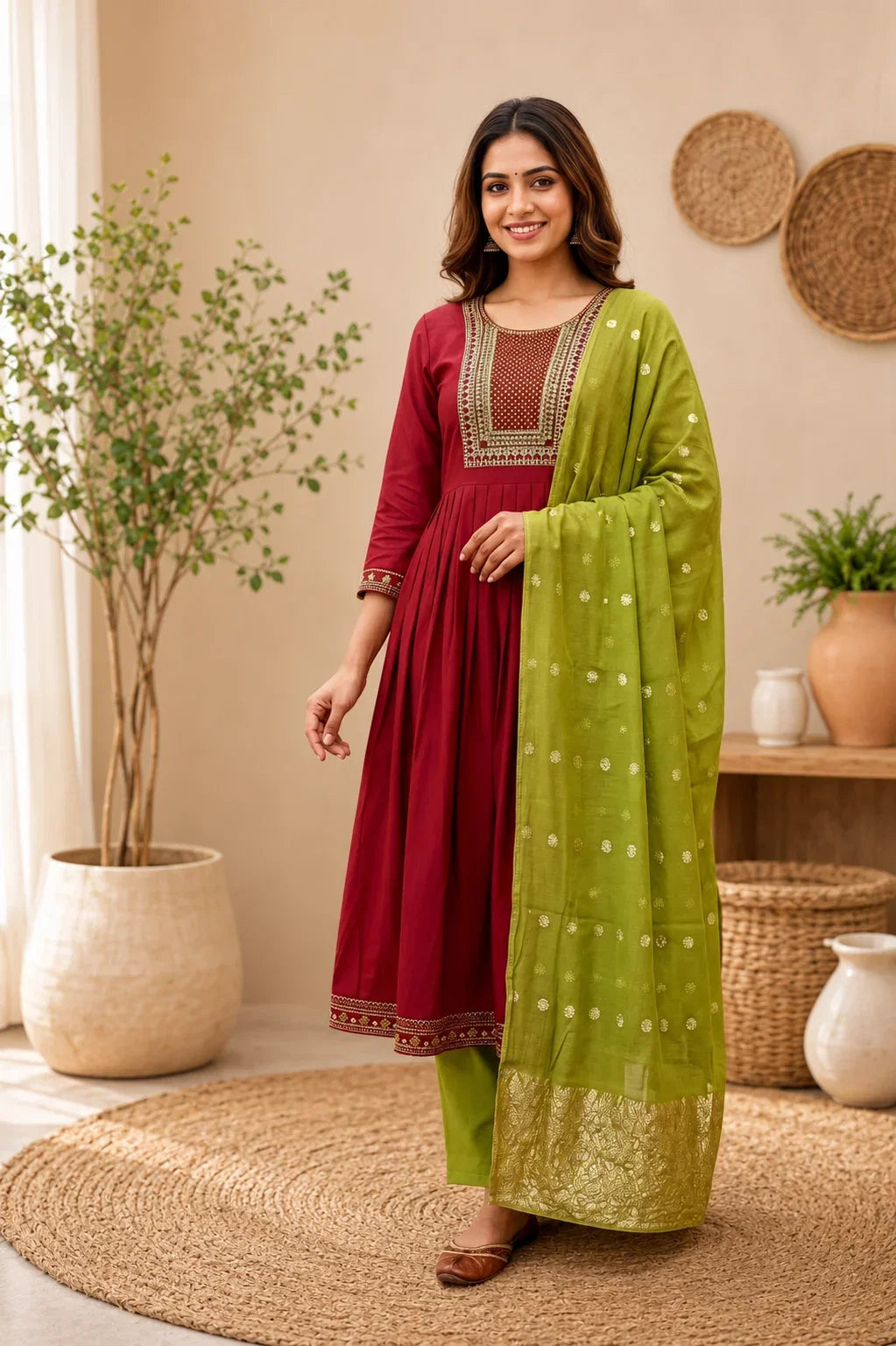 Riya Maroon Roman Silk Embroidered Kurta Set with Olive Green Dupatta – Luxury Designer Ethnic Wear in USA