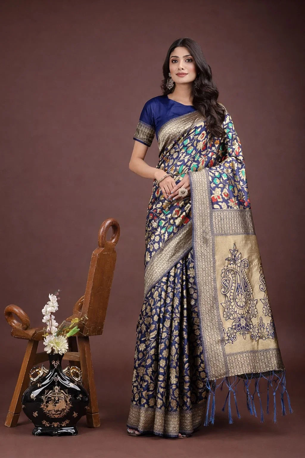 Deep Blue Kashmiri Traditional Wear Lichi Silk Saree – Elegant Designer Silk Saree for Weddings & Festive Wear in USA