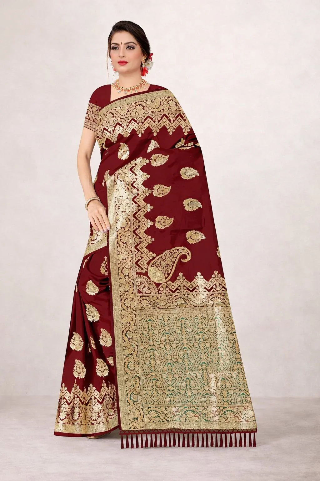 Deep Maroon Banarasi Silk Saree Festive Wear – Luxury Designer Banarasi Saree for Weddings & Celebrations in USA