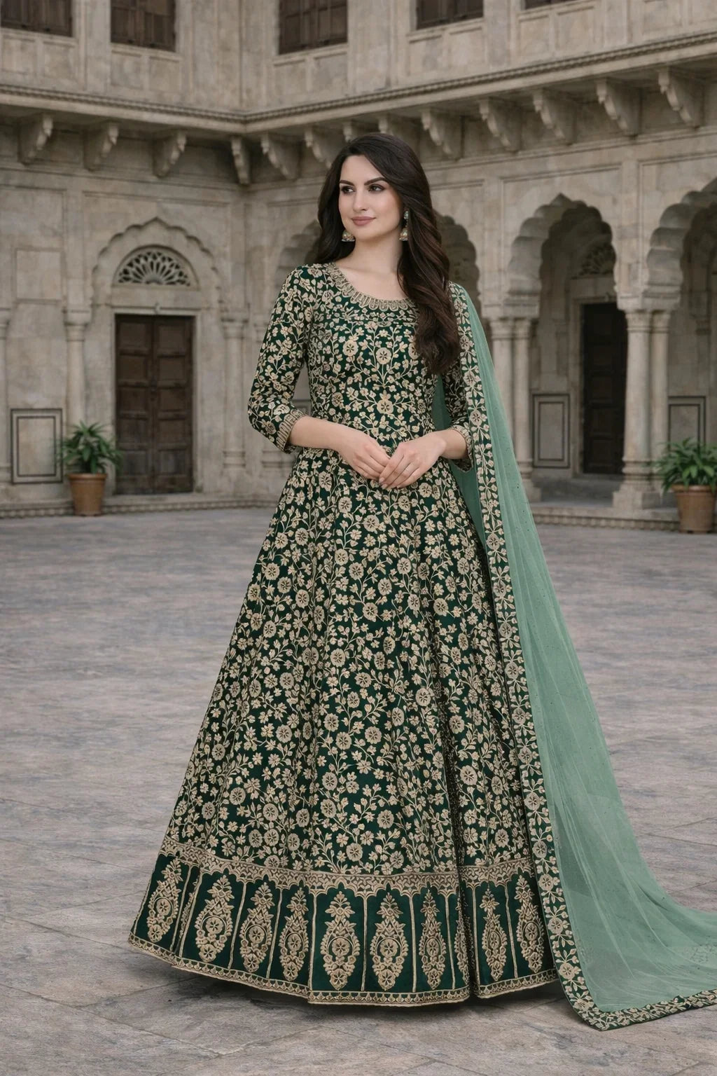 Emerald Green Heavy Embroidered Anarkali Gown with Net Dupatta – Luxury Designer Ethnic Wear in USA