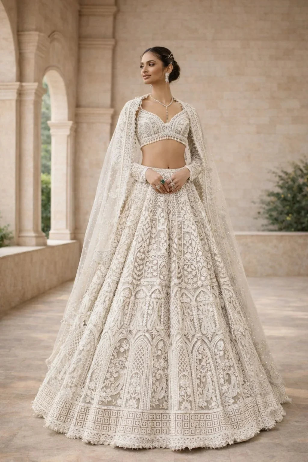 Ivory Pearl White Heavy Embroidered Bridal Lehenga Set – Elegant Bridal Wear in USA