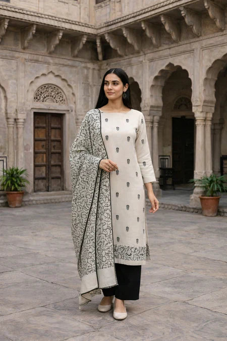 Ivory Printed Straight Kurta Set with Dupatta in USA – Available at Swaraksha Fashions, Overland Park KS