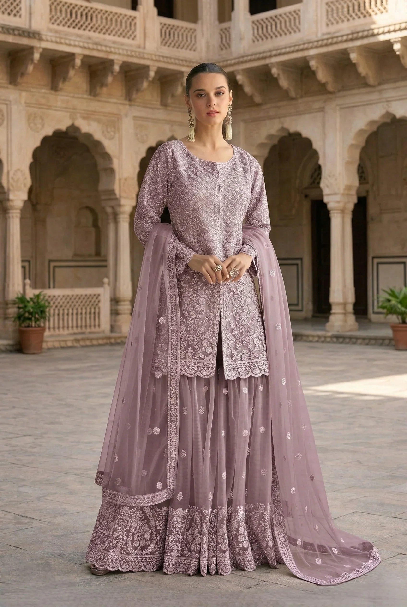 Lavender Embroidered Net Sharara Set With Jacket-Style Kurti & Dupatta – Elegant Designer Ethnic Wear in USA at Swaraksha Fashions