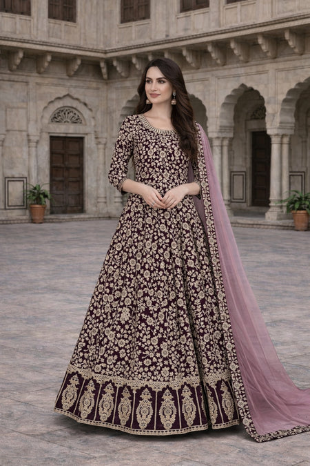 Maroon Heavy Embroidered Anarkali Gown with Net Dupatta in USA – Available at Swaraksha Fashions, Overland Park KS