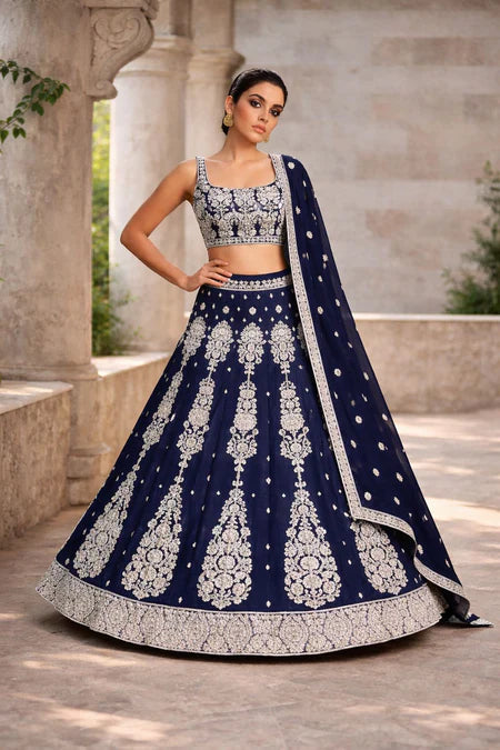 Midnight Blue & Silver Embroidered Traditional Lehenga Set in USA – Available at Swaraksha Fashions, Overland Park KS