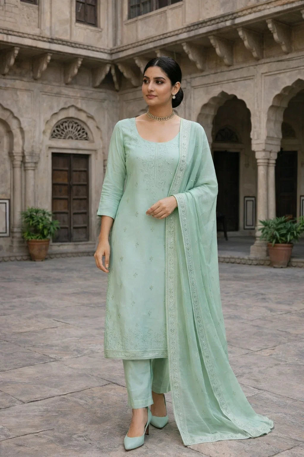 Mint Green Embroidered Straight Kurta Set with Dupatta – Elegant Designer Ethnic Wear in USA