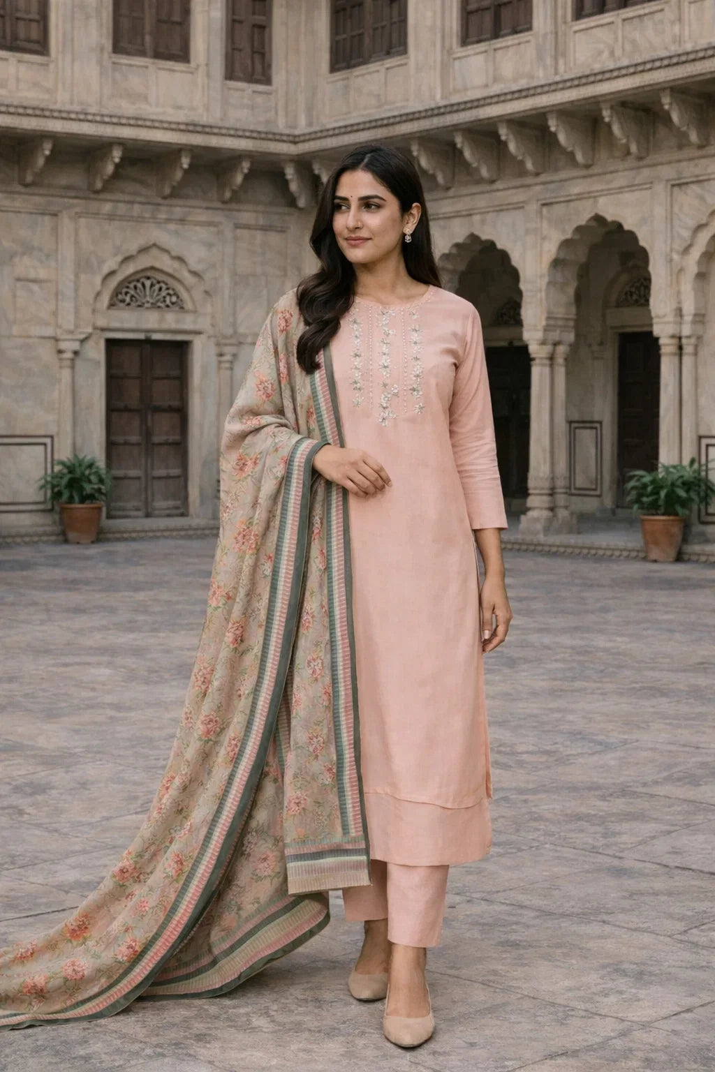 Peach Embroidered Straight Kurta Set with Dupatta – Graceful Indian Ethnic Fashion in USA