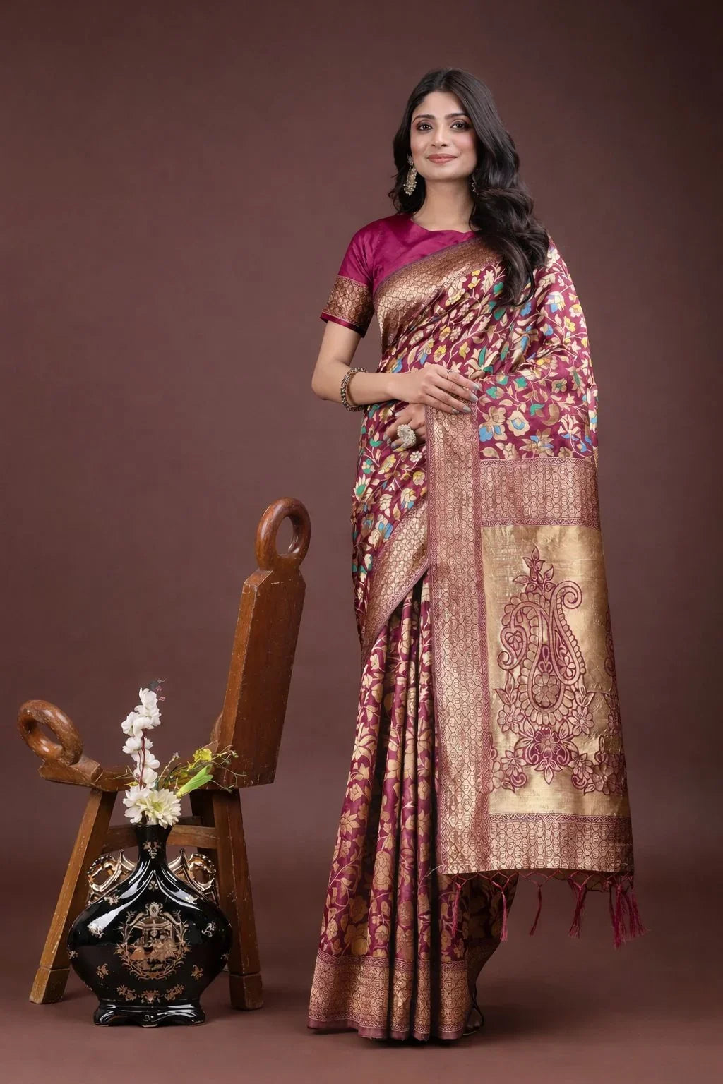 Rani Pink Kashmiri Traditional Wear Lichi Silk Saree – Luxury Designer Silk Saree for Weddings & Festive Wear in USA