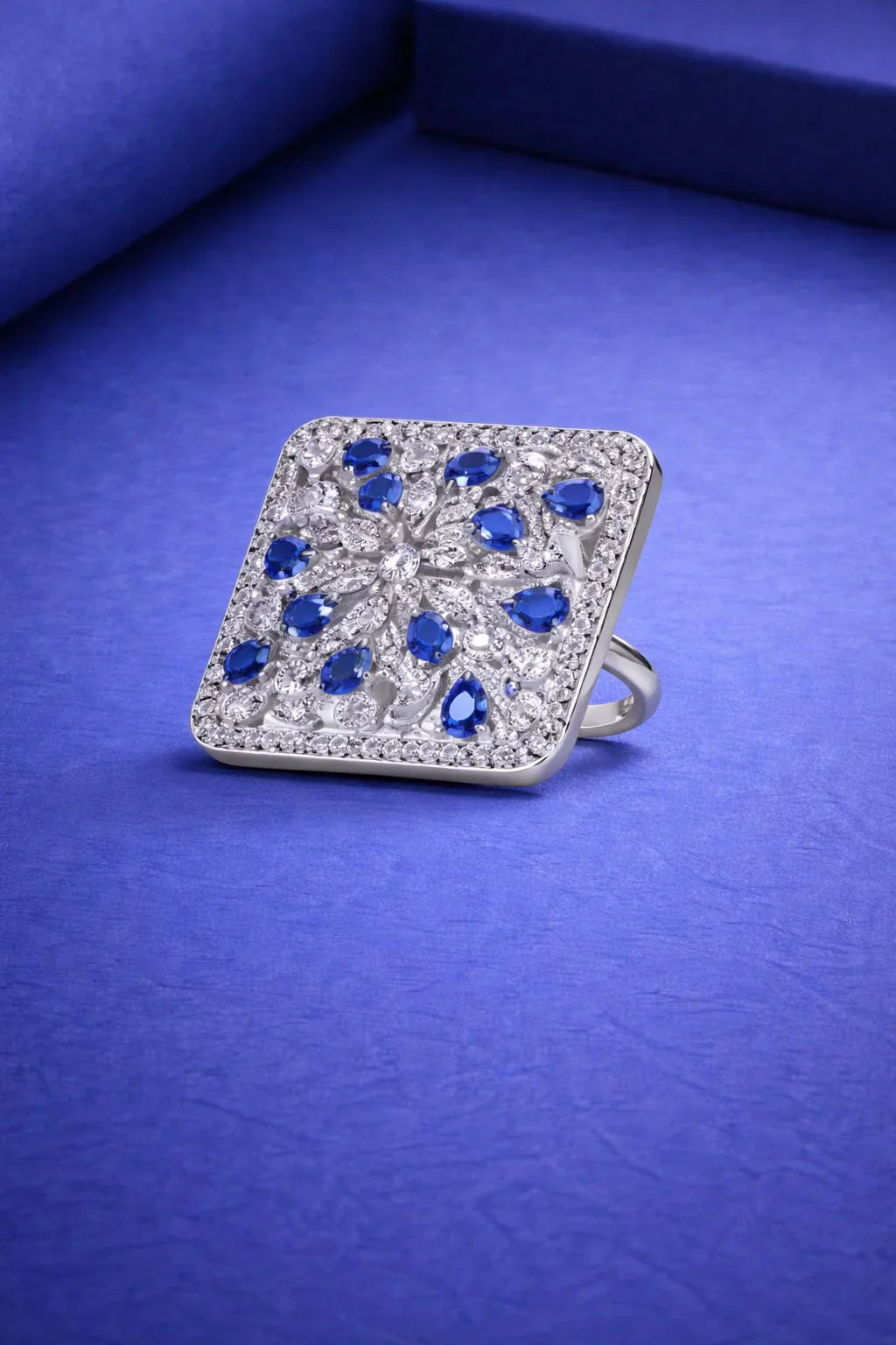 Royal Blue Teardrop Stone Square Cocktail Ring – Elegant Statement Jewelry in USA