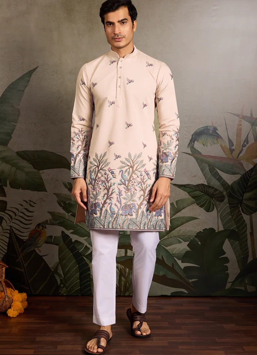 Ivory Blush Forest Embroidered Men’s Kurta – Sophisticated Traditional Fashion for Men in USA