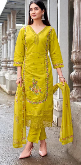 Mustard Yellow Cotton Embroidered Kurta Set with Dupatta – Comfortable Festive Style in the USA