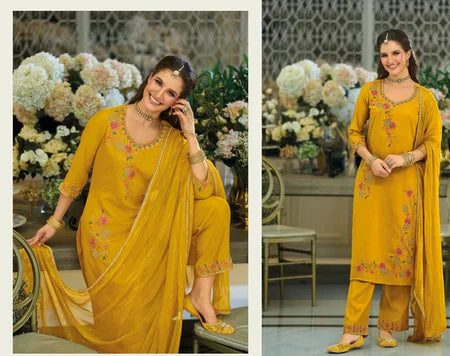 Mustard Yellow Floral Embroidered Kurta Set with Dupatta – Bright Festive Elegance in the USA