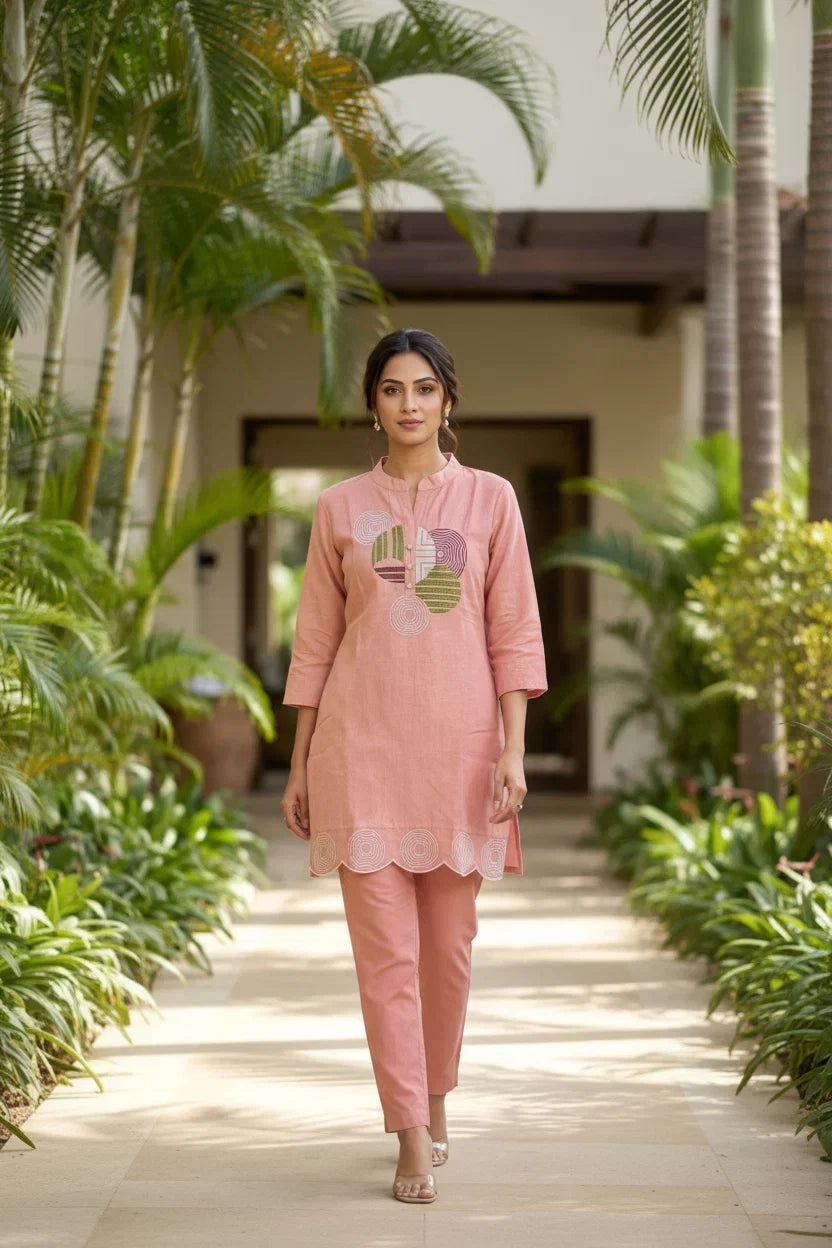 Peach Cotton Embroidered Kurta Set – Elegant Everyday & Festive Ethnic Wear in USA