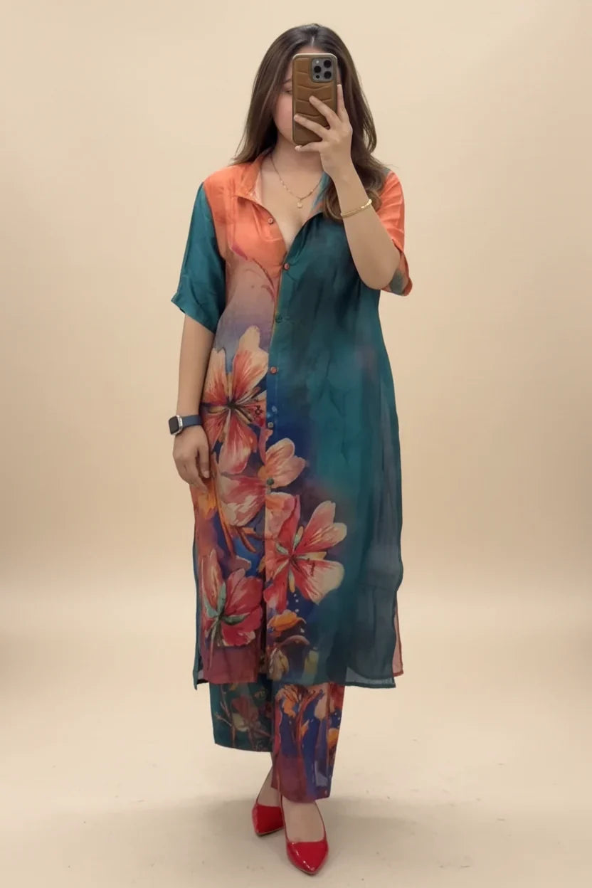 Blue Floral Printed Indo-Western Shirt Kurta Set