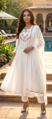Ivory White Embroidered Anarkali Suit Set – Elegant Ethnic Fashion in USA at Swaraksha Fashions