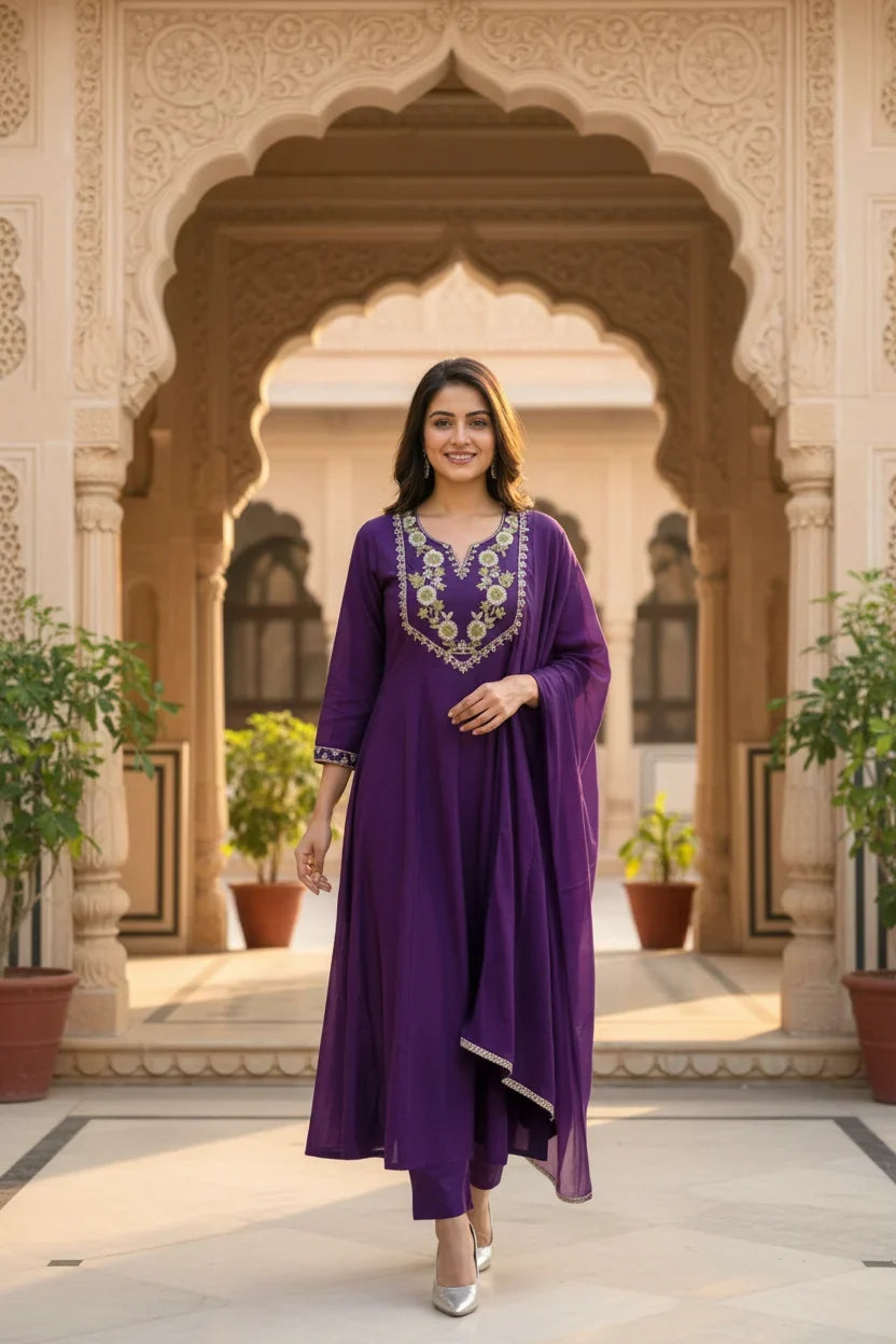 Royal Purple Embroidered Anarkali Suit Set