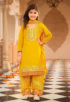 Orange Dreamy Chinon with Embroidery Work Top, Farshi & Dupatta – Regal Festive Elegance in the USA