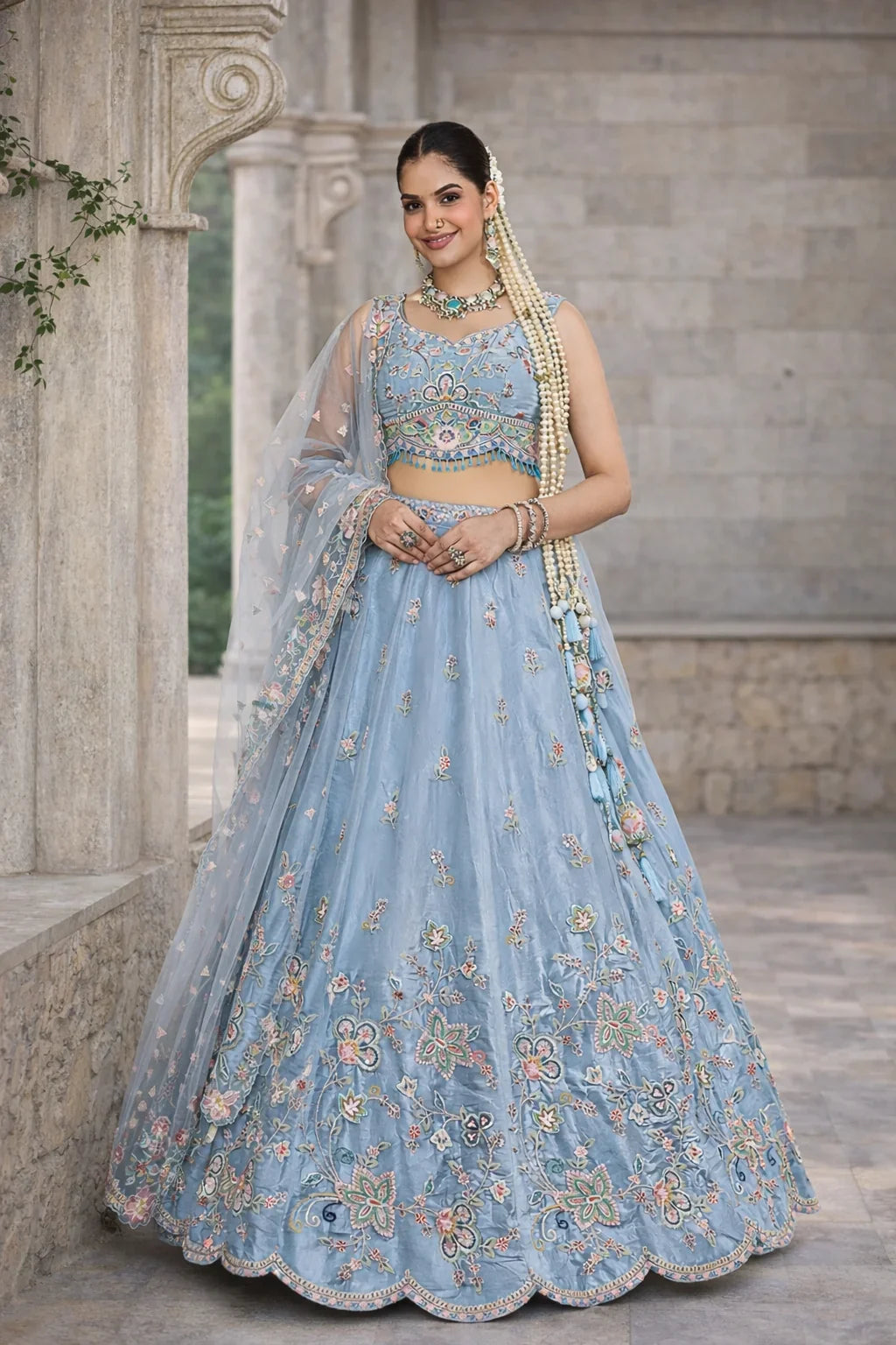 Sky Blue Floral Embroidered Pastel Designer Lehenga – Elegant Bridal & Festive Wear in USA