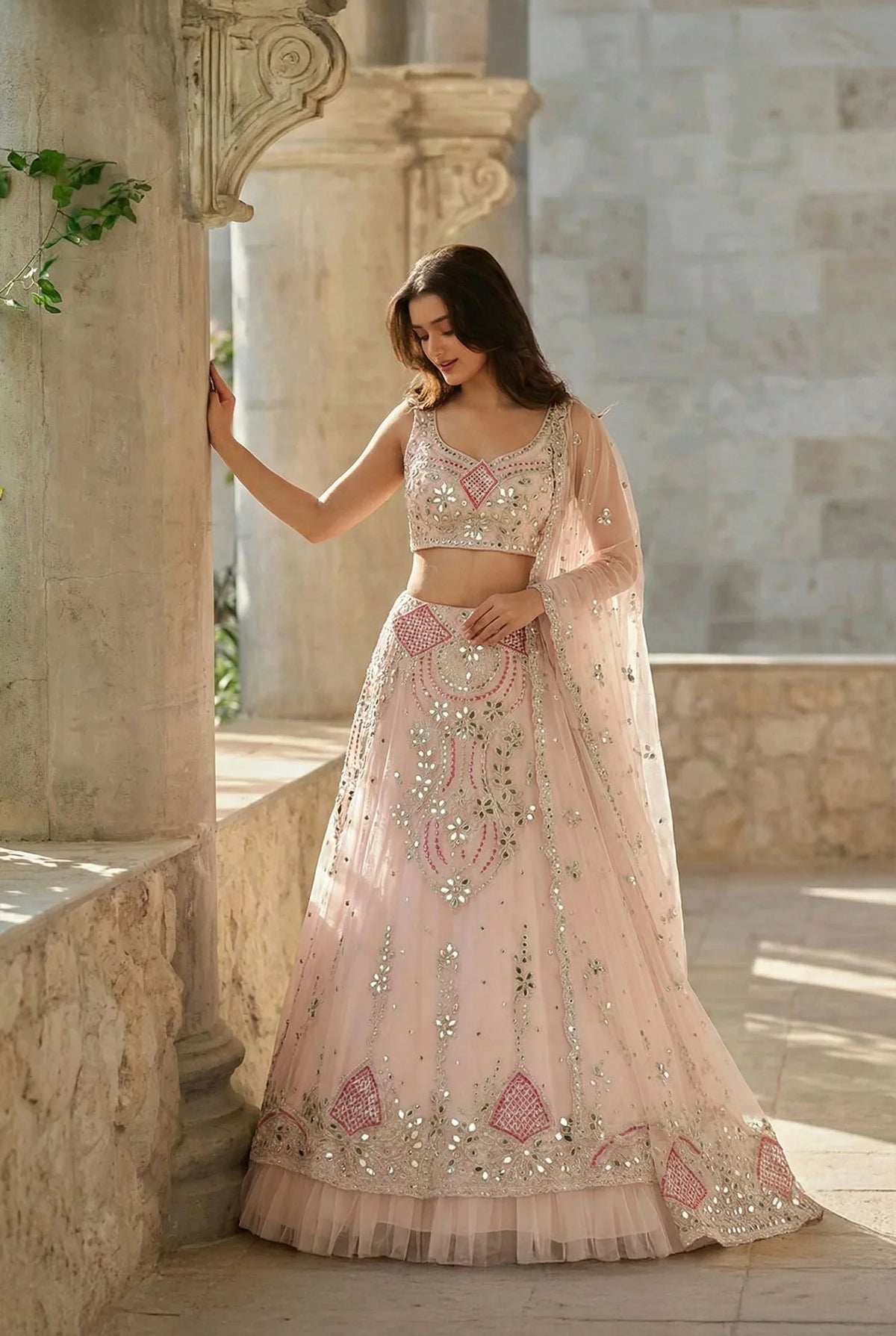 Blush Pink Embroidered Lehenga Choli Set with Dupatta – Elegant Festive Wear for Women in USA