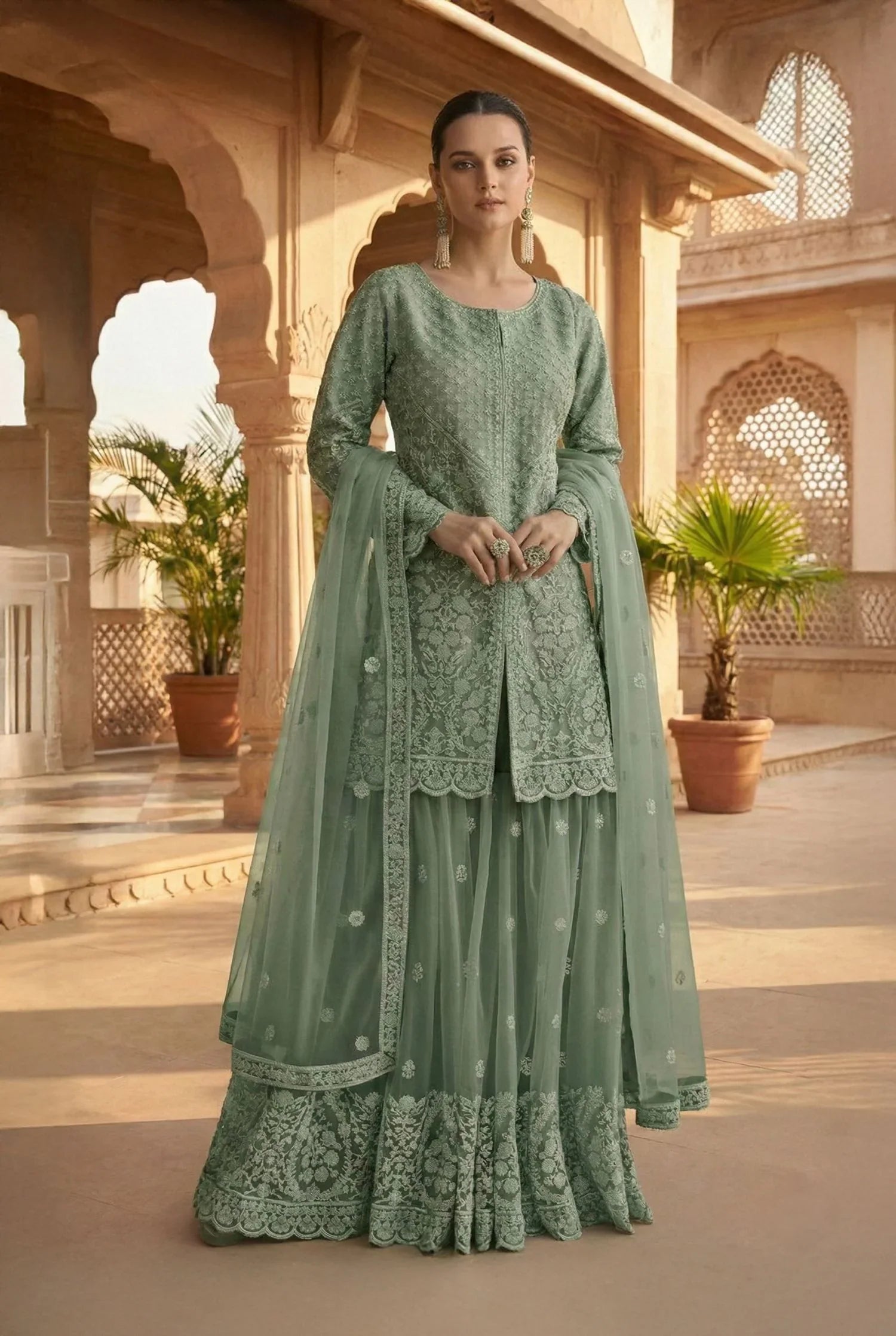 Sage Green Embroidered Net Sharara Set With Jacket-Style Kurti & Dupatta – Sophisticated Wedding Wear in USA