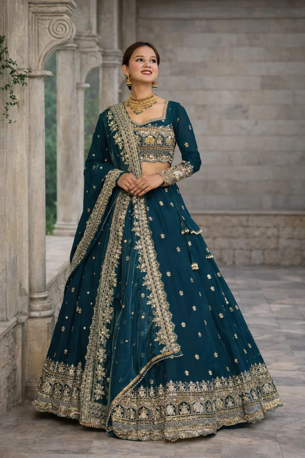 Teal Blue Heavy Zari Embroidered Lehenga with Dupatta – Luxury Designer Bridal & Festive Wear in USA