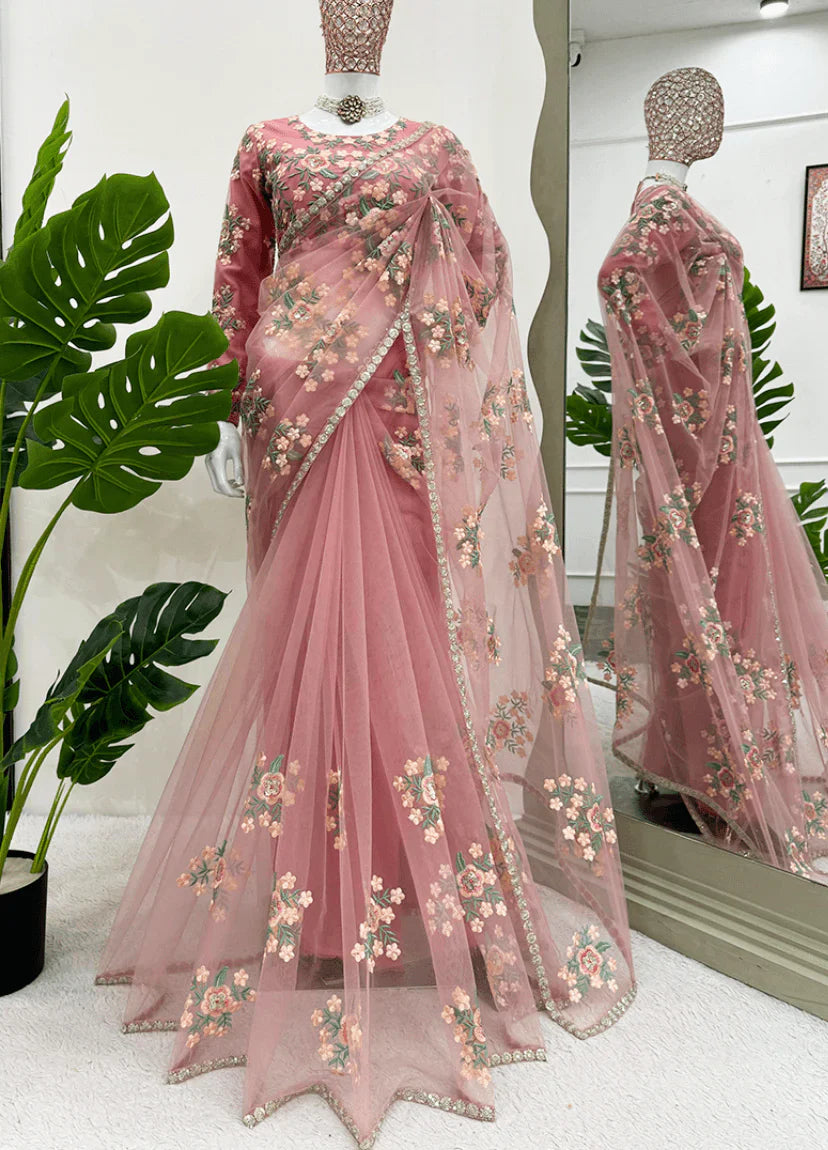 Baby Pink Soft Net Thread Work Saree – Dreamy Elegance and Timeless Beauty in USA