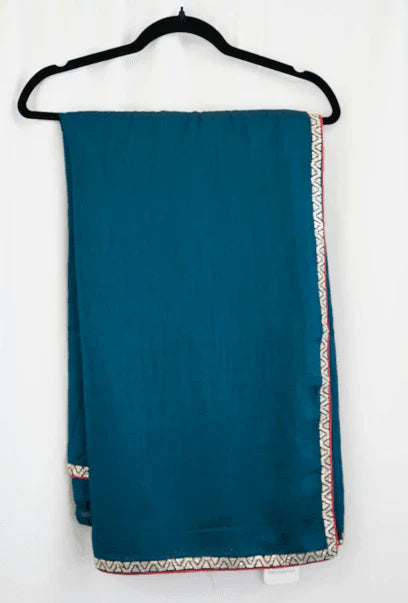 Teal Blue Satin Silk Saree with Geometric Zari Border – Contemporary Elegance Meets Traditional Luxury in USA