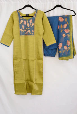Olive Green & Blue Floral Embroidered Kurti Set with Dupatta – Elegant Ethnic Fashion in USA at Swaraksha Fashions