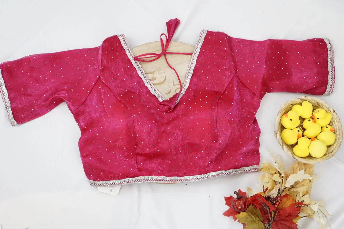 Rani Pink Silver-Trim Party Wear Blouse with Elbow Sleeves – Glamorous Designer Blouse in the USA