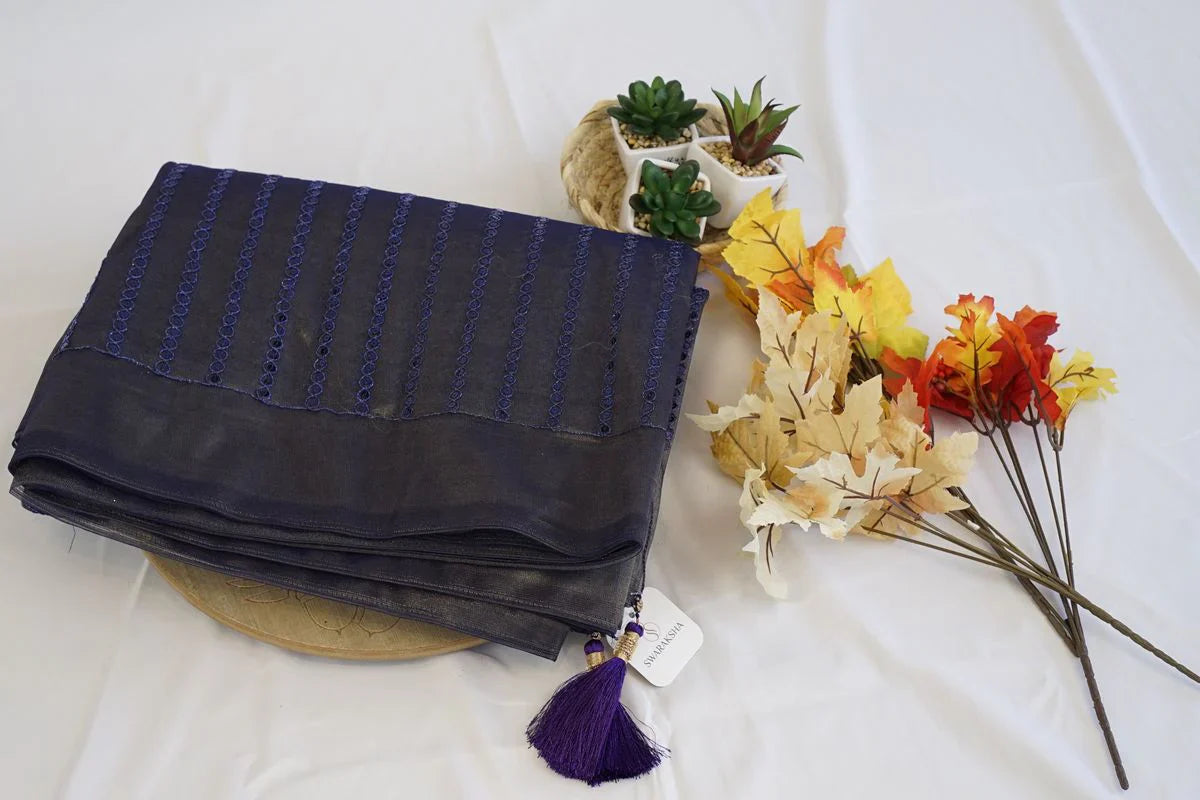 Navy Blue Organza Saree with Sequin Stripes and Tassel Accents – Elegant Designer Saree in USA