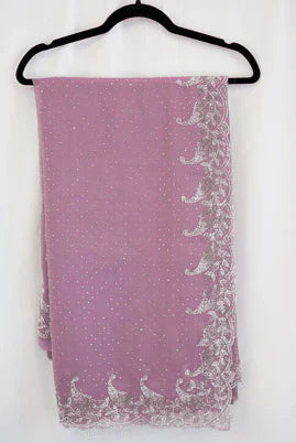 Lavender Georgette Saree with Silver Pearl Embroidered Paisley Border – Graceful Luxury for Women in USA