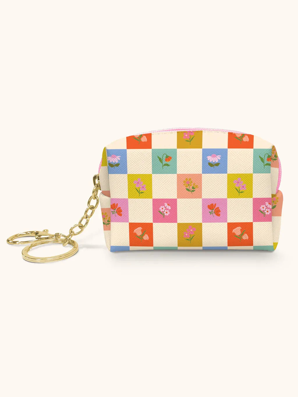 Pastel Checker Floral Mini Pouch with Keychain – Charming Everyday Accessory in USA
