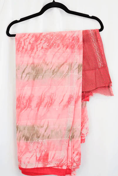 Peach & Olive Tie-Dye Chiffon Saree with Subtle Stone Border – Elegant Designer Saree in USA at Swaraksha Fashions
