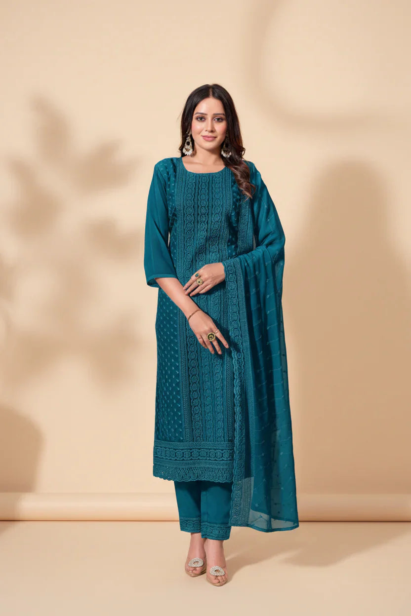 Teal Blue Embroidered Straight Kurta Set with Dupatta – Timeless Ethnic Elegance in USA at Swaraksha Fashions