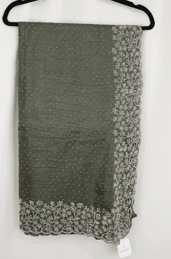 Olive Green Georgette Saree with Pearl Beaded Border and Floral Embroidery – Refined Elegance for Every Celebration in USA
