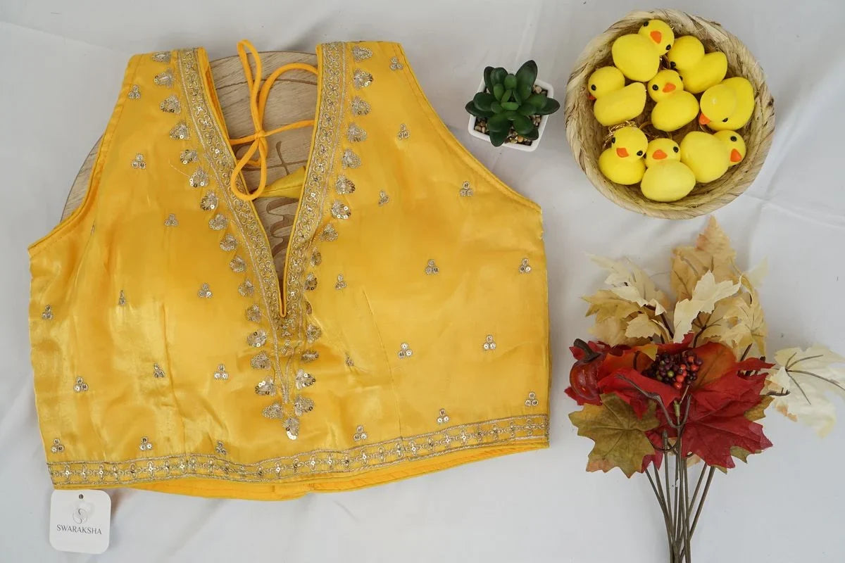 Sunshine Yellow Sequin Embroidered Silk Blouse – Designer Party Wear Saree Blouse for Women in USA