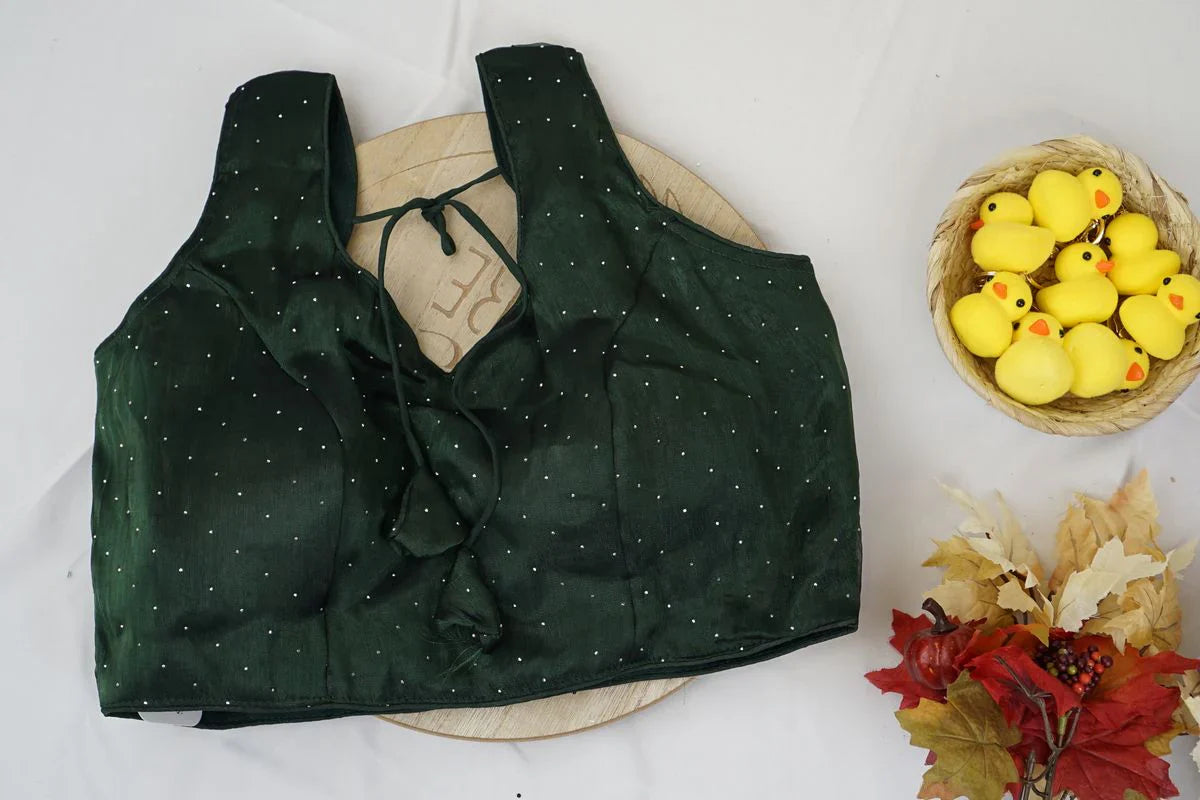 Deep Bottle Green Sequin Dotted Blouse – Elegant Designer Blouse in the USA
