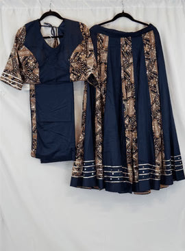 Navy Blue Mirror Work Lehenga Set with Printed Panels and Designer Blouse – Elegant Navratri, Wedding & Festive Wear in USA