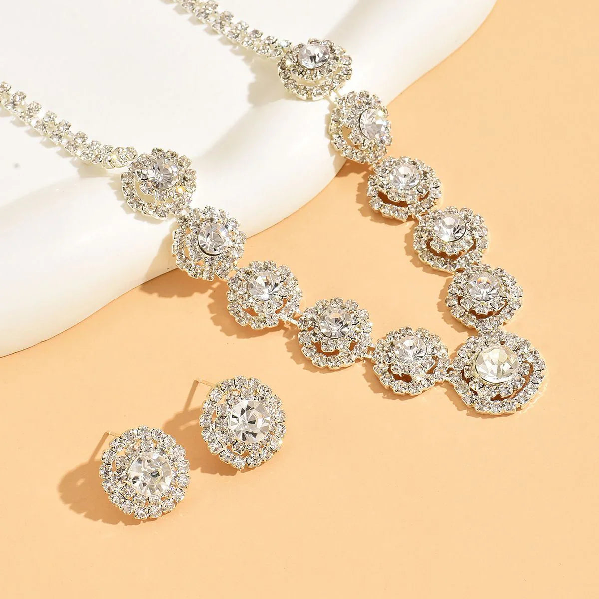 Silver Round Halo Crystal Necklace & Earrings Set – Timeless Elegance and Sparkle in USA