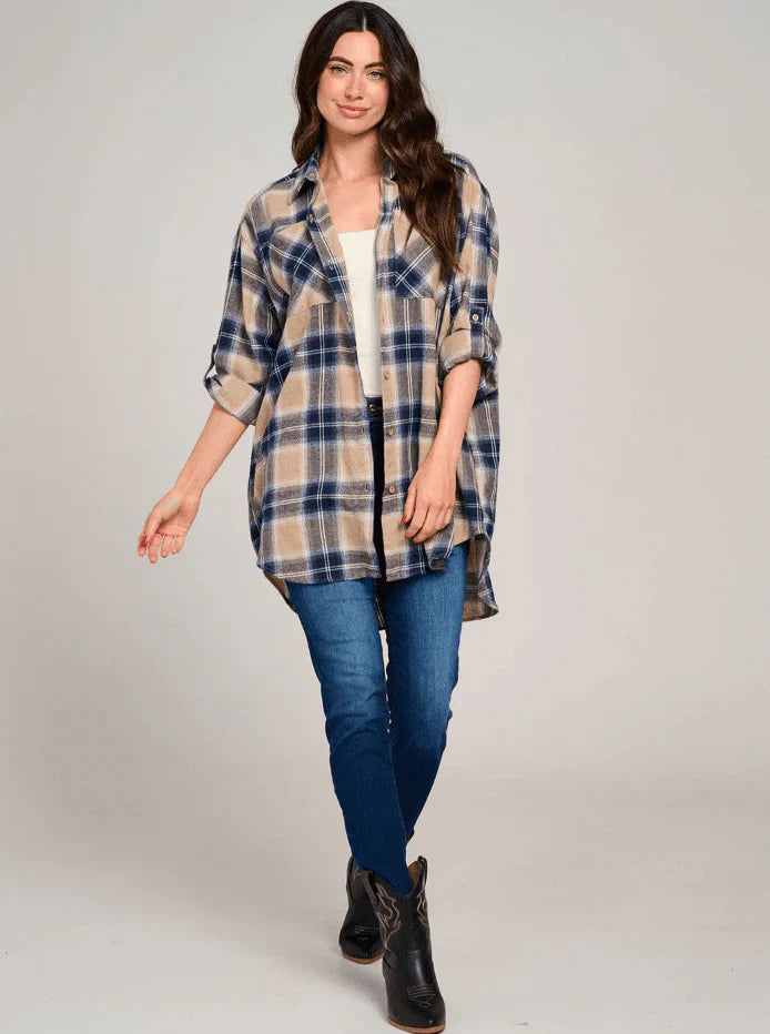 Beige & Navy Plaid High-Low Open Back Button-Up Shirt – Stylish Western Fashion in USA at Swaraksha Fashions