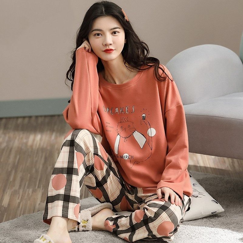 Rust Orange Cat Print Cotton Pajama Set – Cute Cozy Loungewear Fashion in USA at Swaraksha Fashions