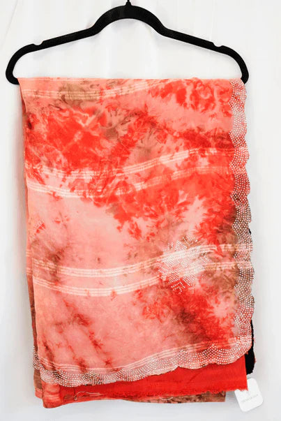 Red & Peach Tie-Dye Chiffon Saree with Stonework Border – Elegant Designer Saree in USA at Swaraksha Fashions