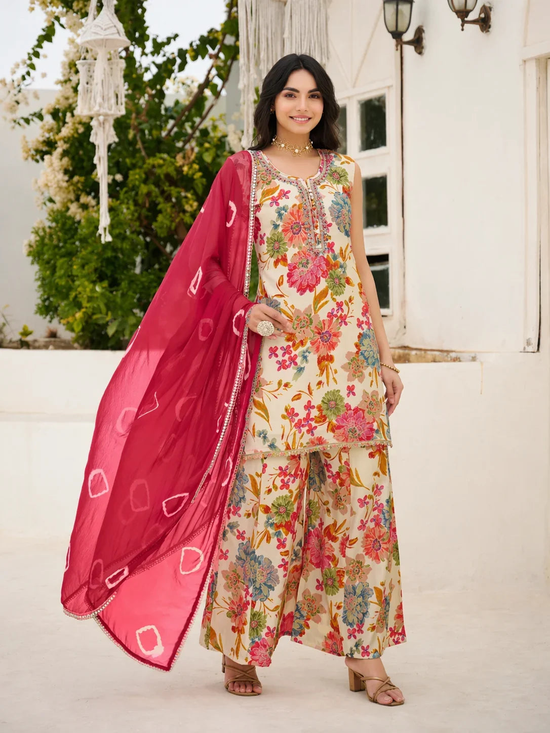 Cream Georgette Floral Printed Sharara Set – Elegant Festive Wear for Women in USA