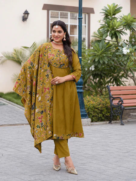 Mustard Olive Cotton Floral Printed Kurta Set with Dupatta – Earthy Elegance in the USA