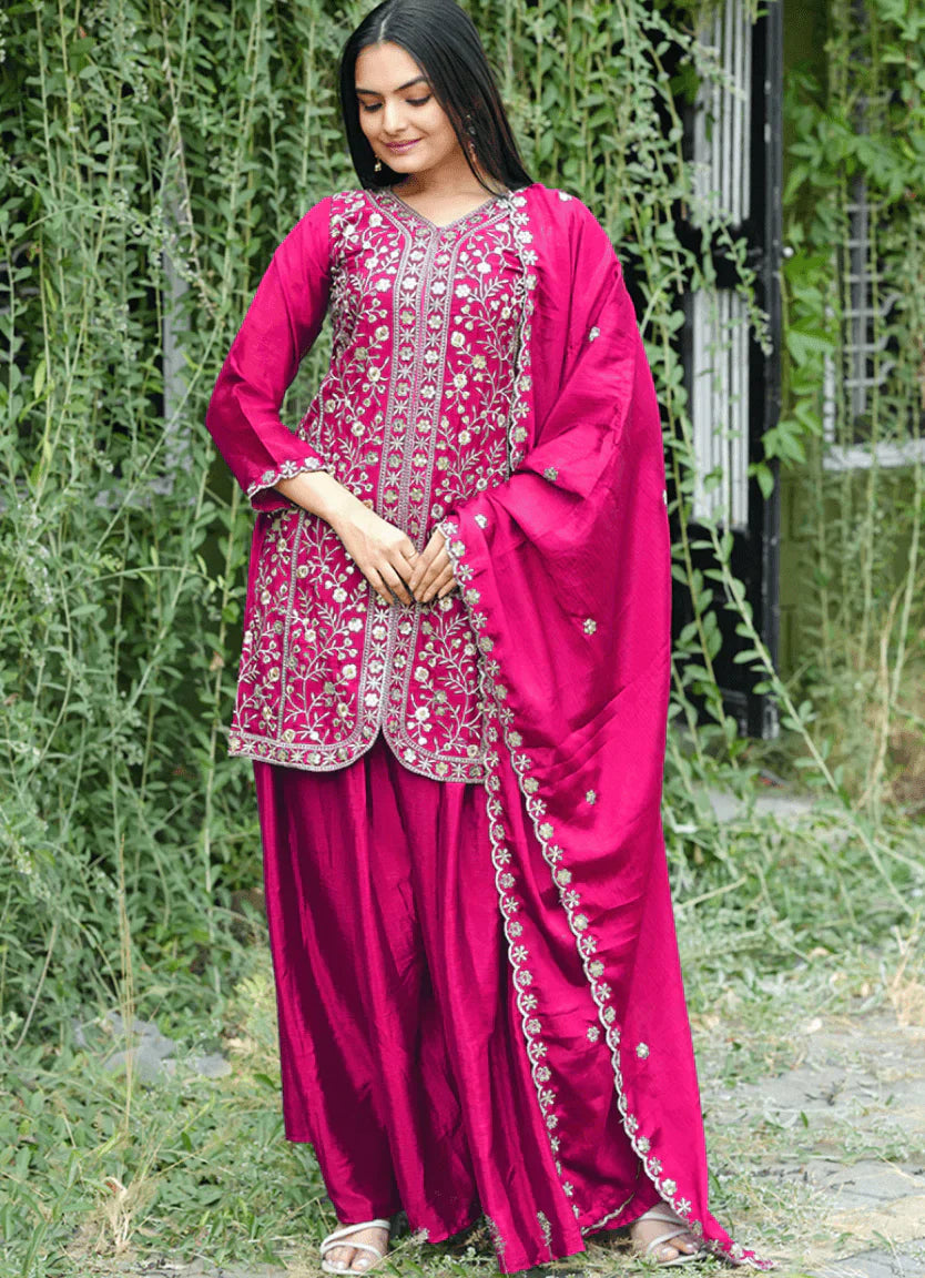 Magenta Embroidered Silk Kurti Sharara Set with Dupatta – Vibrant Designer Ethnic Wear in USA